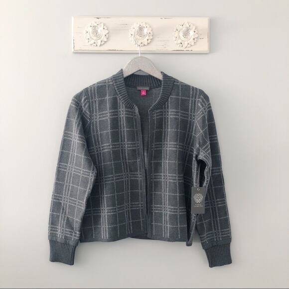 Vince Camuto Windowpane Open Front Knit Cardigan Sweater Gray NEW - Picture 3 of 9